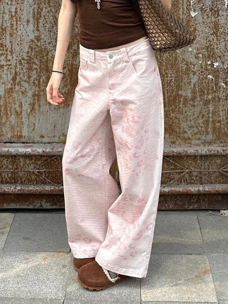 Zoki خمر طباعة Y2K الوردي بانت المرأة الشارع الشهير فضفاضة عالية الخصر الرجعية السراويل الأمريكية عادية Harajuku الهيب هوب Bf السراويل جديد #4