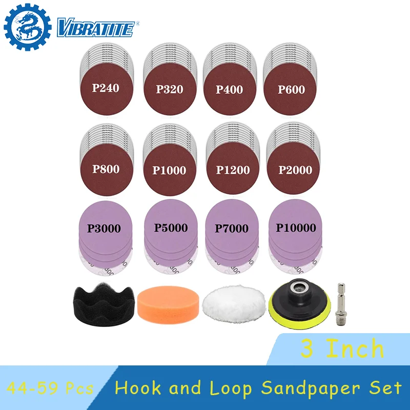 3 Inch Hook and Loop Sandpaper Set 44-59 Pcs Assorted 240-10000 Girt with Polishing Sponge Wool Polishing Pad for Polishing Car