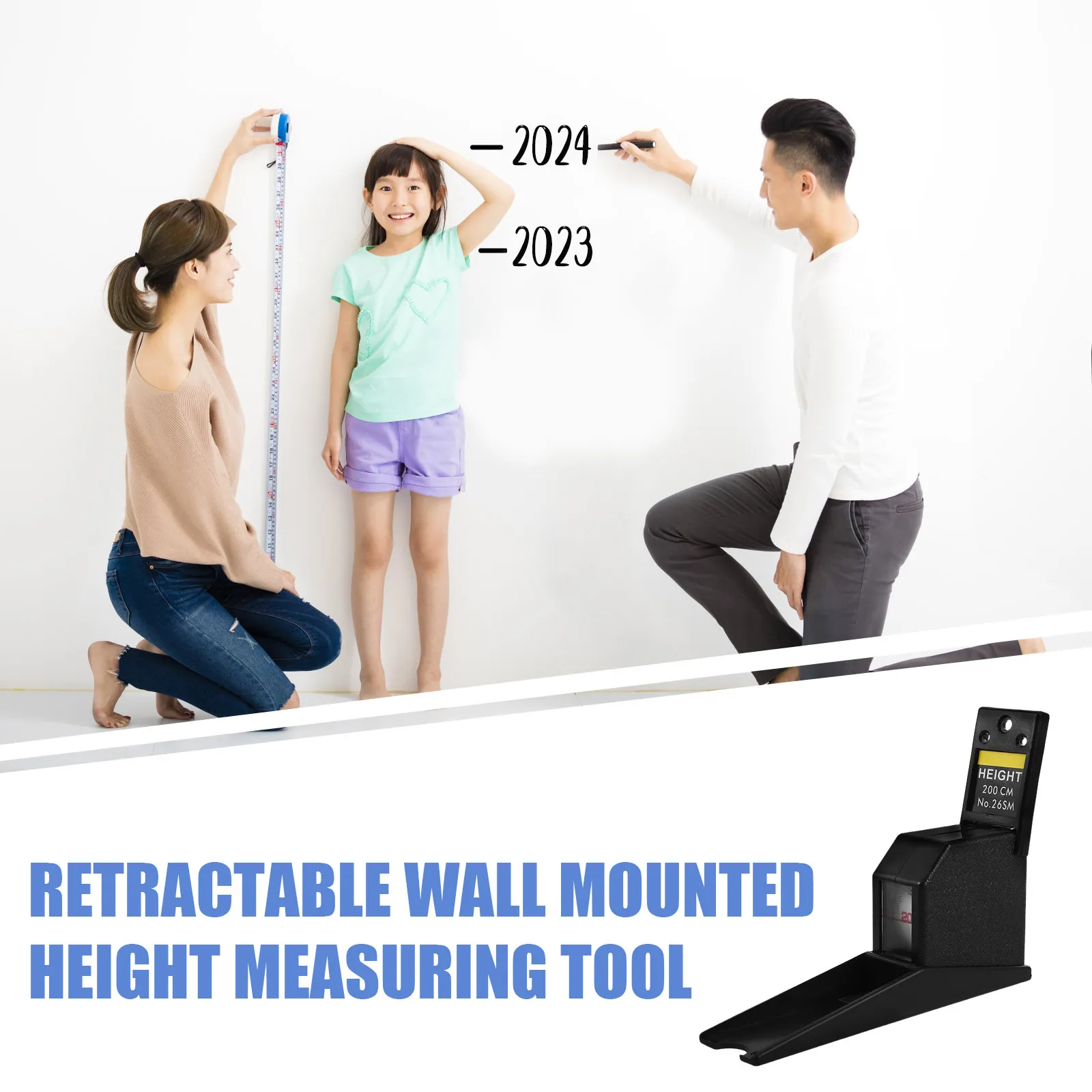 Retractable Wall Mounted Height Measuring Tape for Kids and Adults 200 Cm Metal Stadiometer with Wall Plate Light Grey Growth