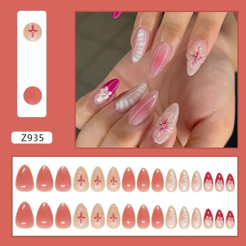 French Tip Press on Nails Medium Almond Flower Fake Nails Pink Acrylic Nails Charms Designs False Nails 3D Cute Full Cover Nail