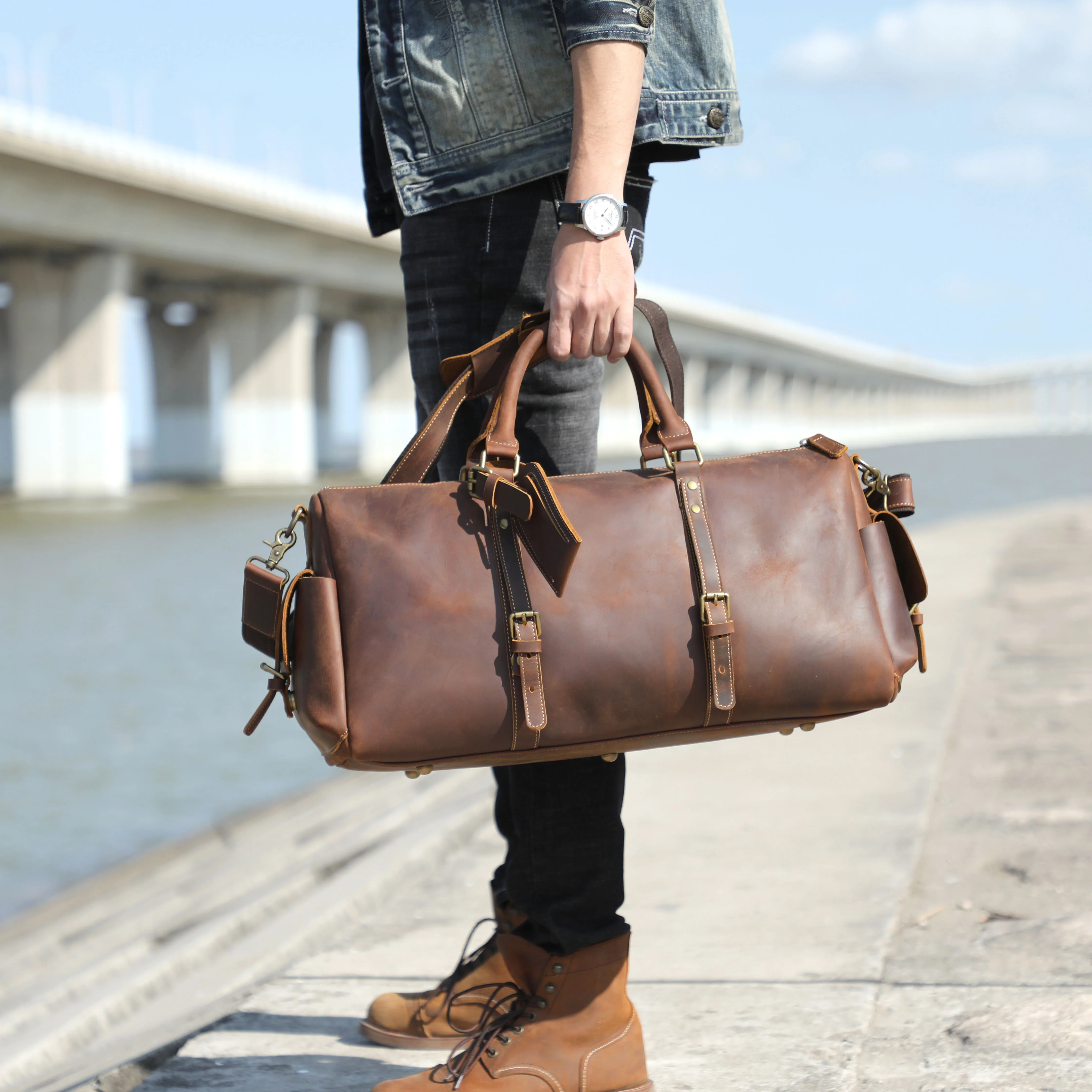 S.WORKER Handgefertigte Reisetasche aus Vollnarbenleder, Echtleder, große Kapazität, Business-Gepäck, Wochenend-Reisetasche – Detail 4