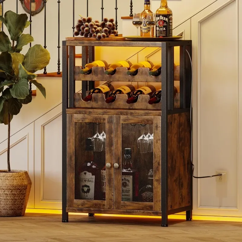 Wine Bar Cabinet with Detachable Wine Rack & Glass Holder, Farmhouse Coffee Bar Cabinet with USB Port & Led Lights