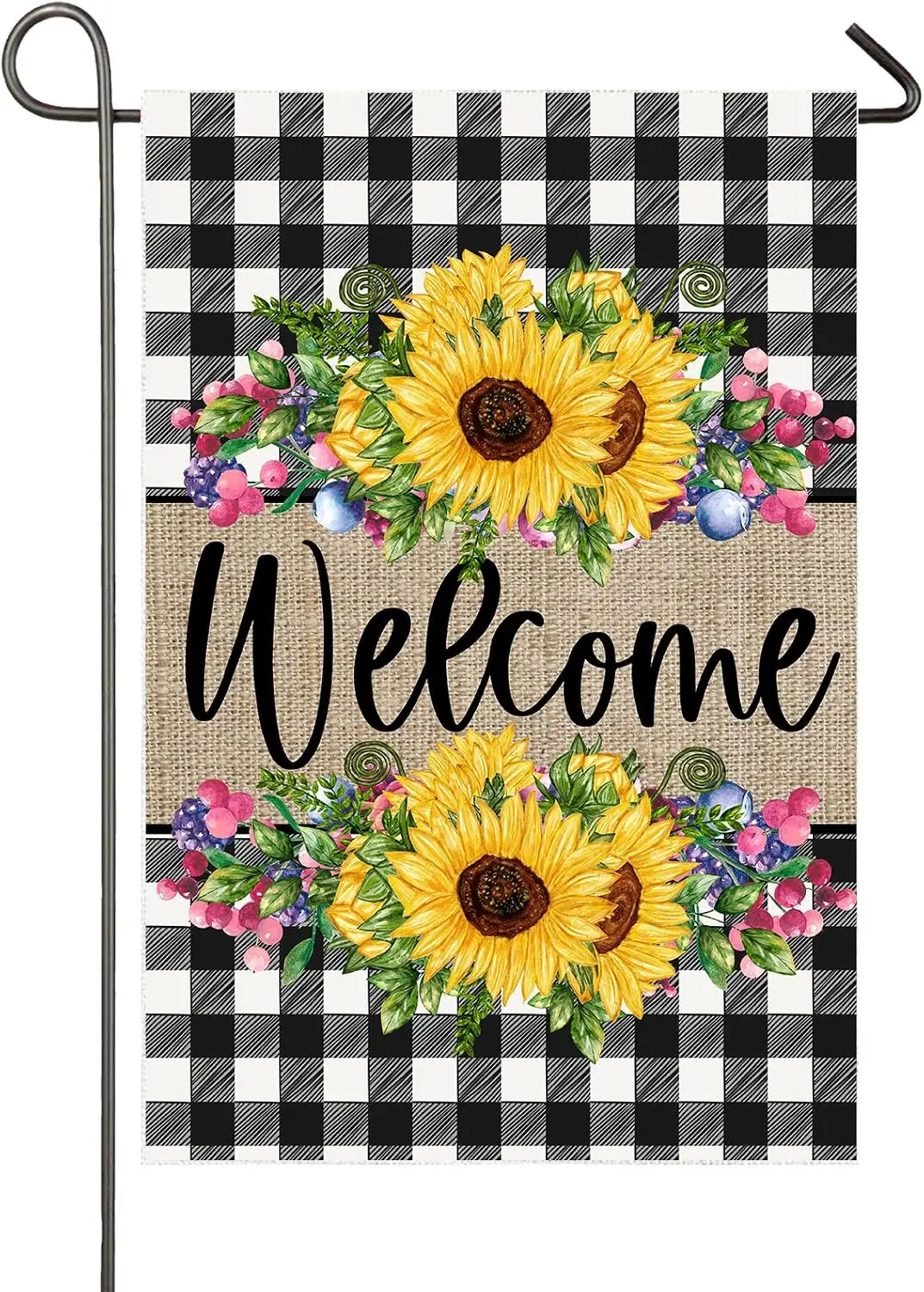 Summer Sunflower Garden Flag Welcome Flowers Berries Buffalo Plaid Yard Flag 12×18 Inch Small Vertical Double Sided Seasonal uui