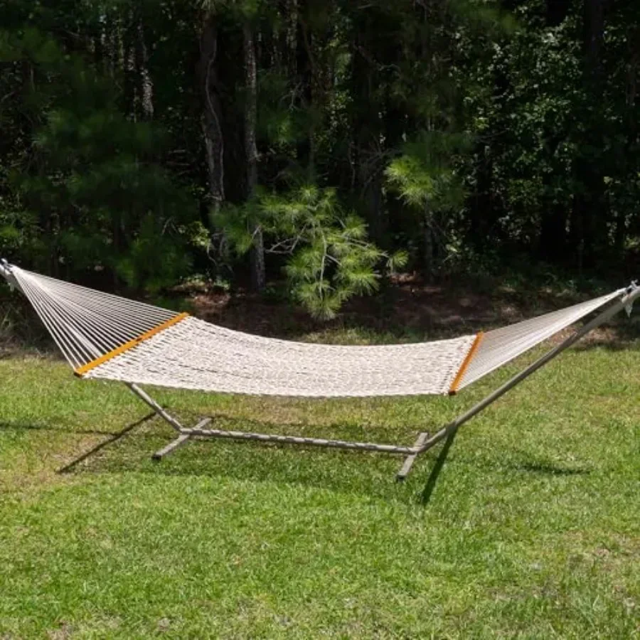 Deluxe DuraCord rope hammock for outdoor use, weather-resistant polypropylene, natural oak color, 450 lb capacity, zinc-plated