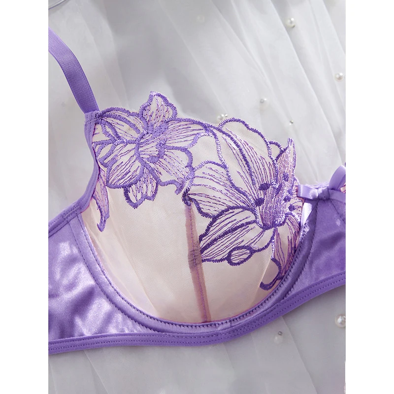 مجموعة الملابس الداخلية النسائية الأزهار التطريز جنسي الملابس الداخلية رومانسية الأرجواني ملابس داخلية شفافة الحميمة رقيقة جدا حمالة صدر ولباس داخلي مجموعة #4