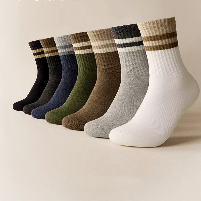5 Pairs Color-Block Striped Cotton Socks for Men Versatile Breathable Soft Socks