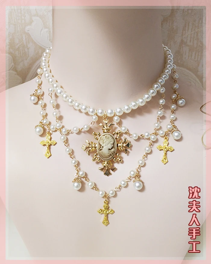 

Двухслойный кулон из сплава с крестом, жемчужное ожерелье, винтажный дворец, готические украшения, женские аксессуары для косплея в стиле Лолиты