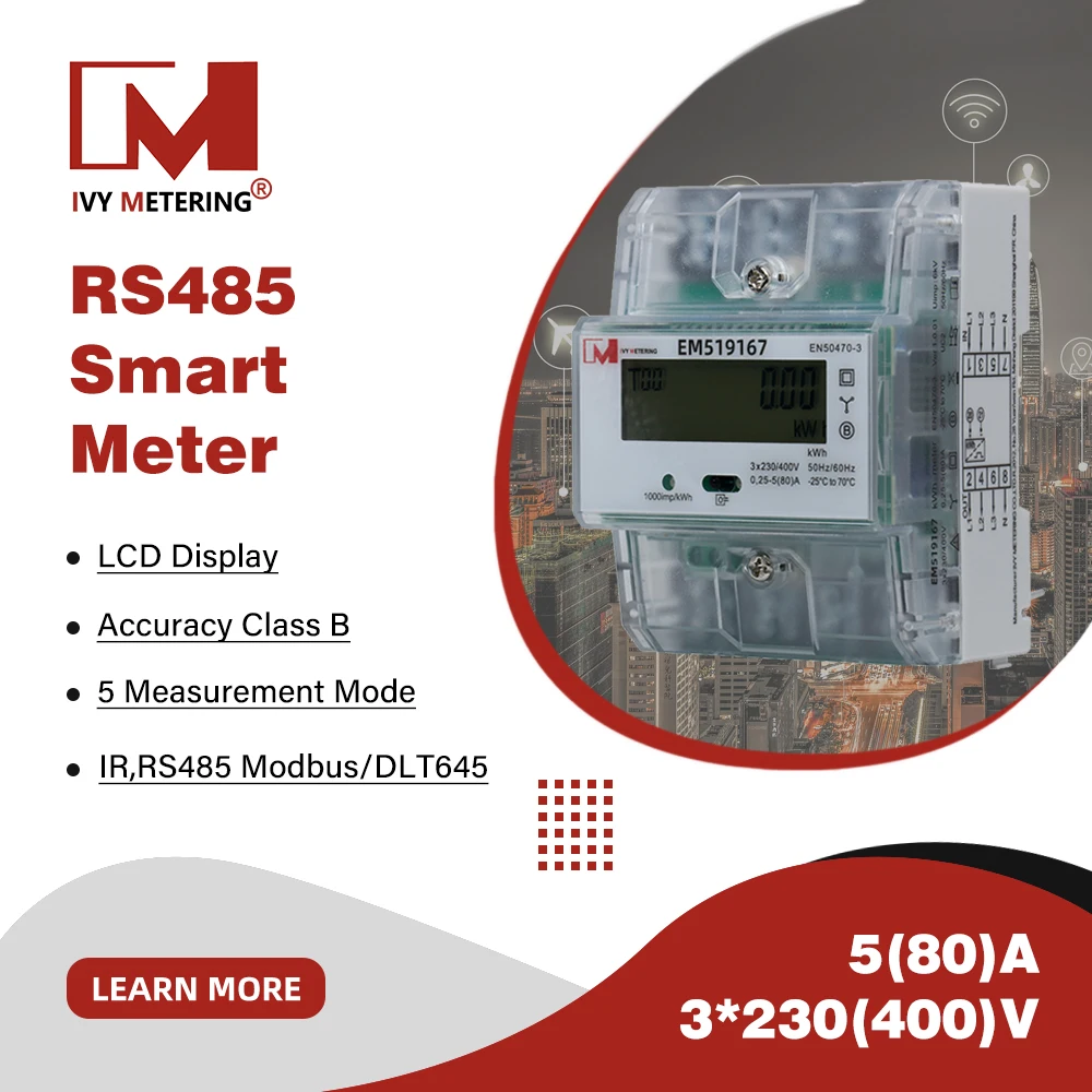 

IVY EM519171 Трехфазный четырехпроводной счетчик энергии RS485 Modbus, DIN-рейка 80 А, сертифицирован MID, высокая точность 1% для сеток и промышленности