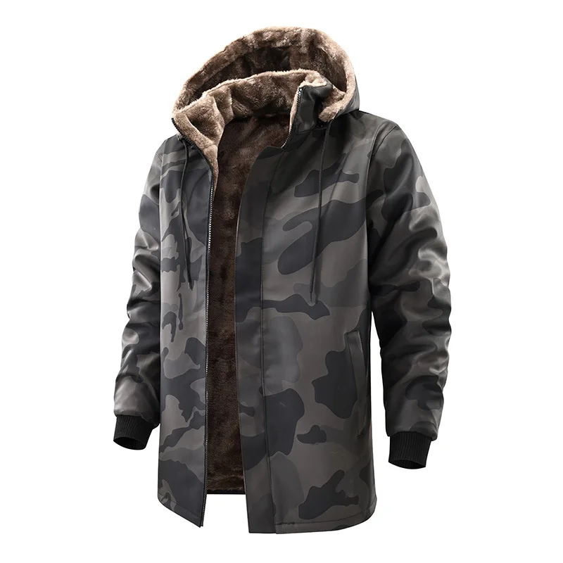 Winter New Fashion Men Camouflage Simple Basic Casual Long Sleeve Hooded Faux Leather Jackets Male American Style Coats Clothes