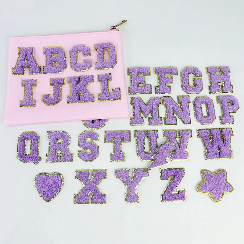 Purple Letters Sticker Patch Alphabet Towel Embroidered Chenille Patches for Clothing Bags Jacket Stick on Accessories Applique