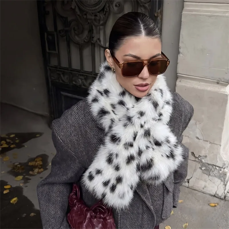 Faux Fur Leopard Dalmatian Print Scarf Fluffy Thick Warm Winter Women Y2K Plush Neck Wrap Shawl Streetwear Outdoor Riding Coat
