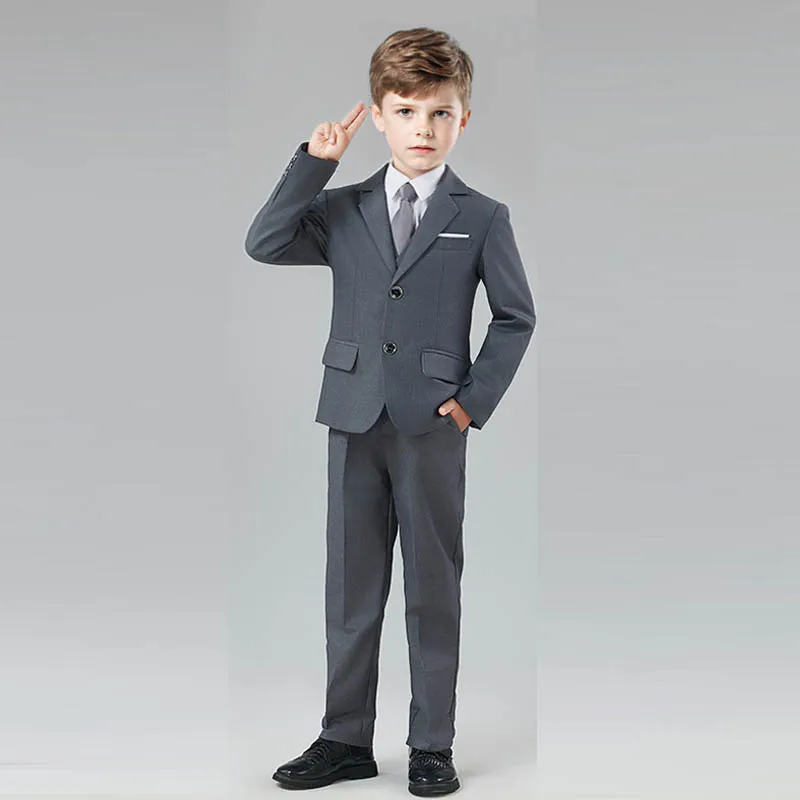 Children Gary Suit For Wedding School Boys Slim Jacket Vest Pants Tie 4PS Birthday Dress Kids Host Party Photograph Costume