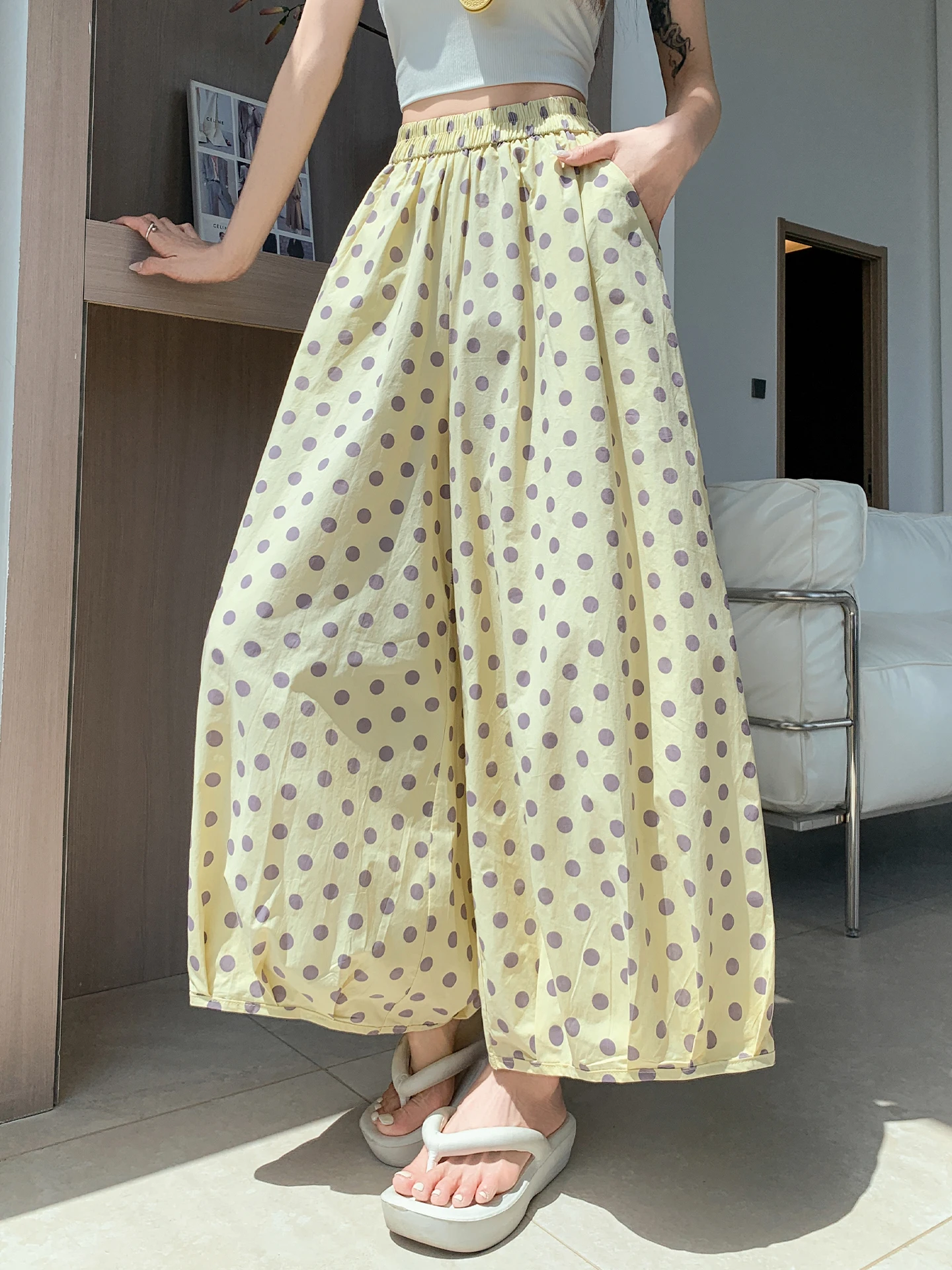 

Dopamine Yellow Polka Dot Bloom Wide Leg Pants Women Summer Thin Quick Dry Ice Silk Cotton Loose Nine Points Lantern Pants