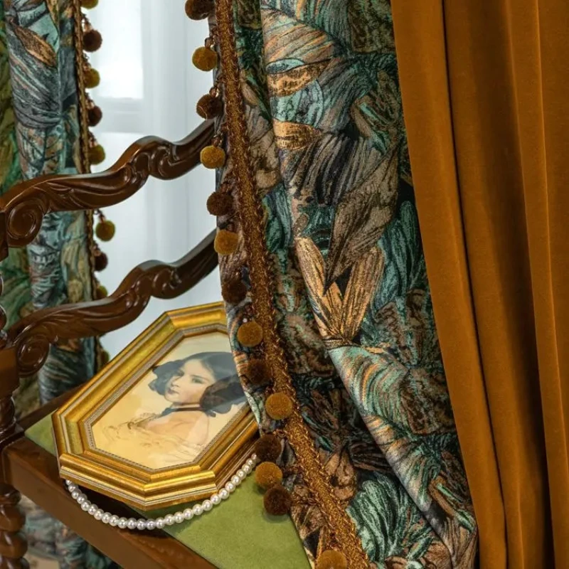 Oil Painting Printing Caramel Velvet Stitching Thickened Curtains for Living Room Bedroom French Window