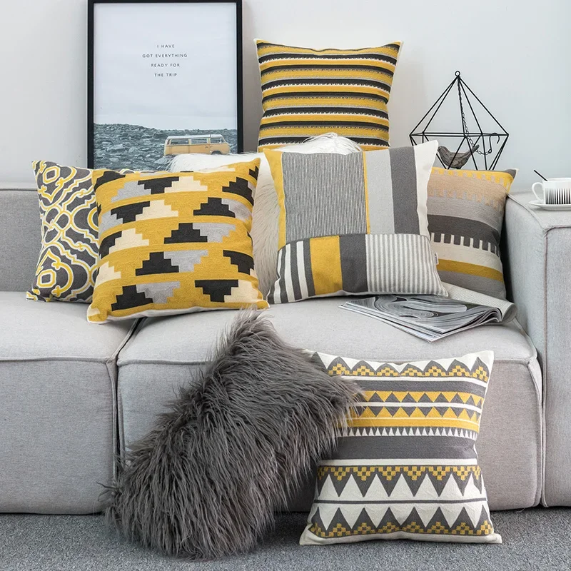 Home Decor Cushion Cover Yellow Grey/White Geometric Canvas Cotton Square Embroidery Pillow Cover 45x45cm For Living Room