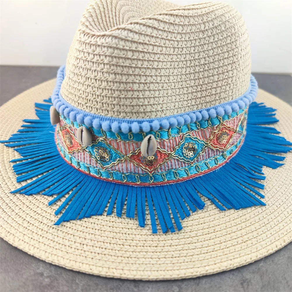 Blue Shell sun hat Leather Tassel hat summer sun block hat sunscreen style vacation outdoor sun hat straw beach wide brim hat