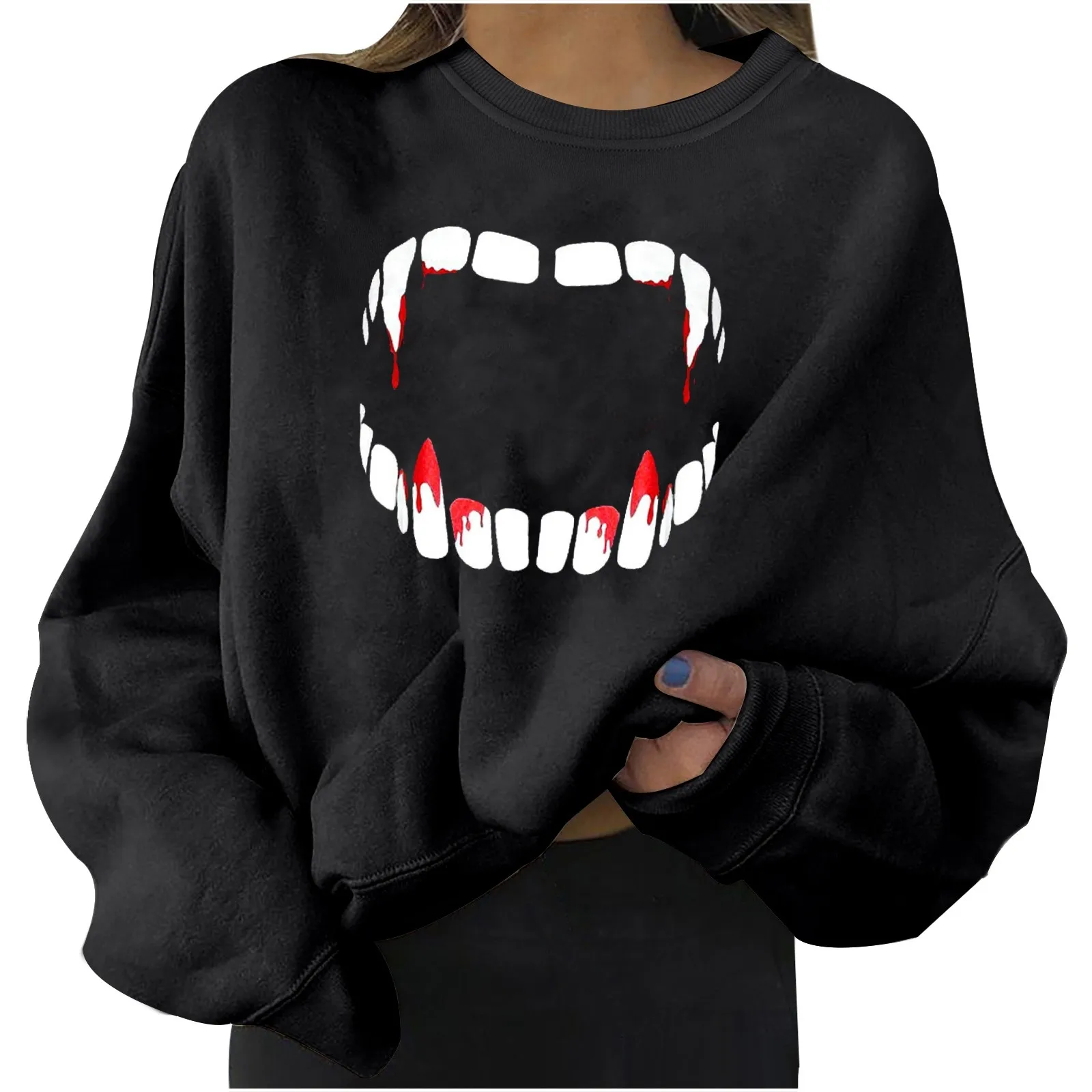 2024 New Women'S Halloween Hoodie Tooth Print Round Neck Long Sleeve Warm Pullover Fashion Trend Comfortable Loose Hoodie