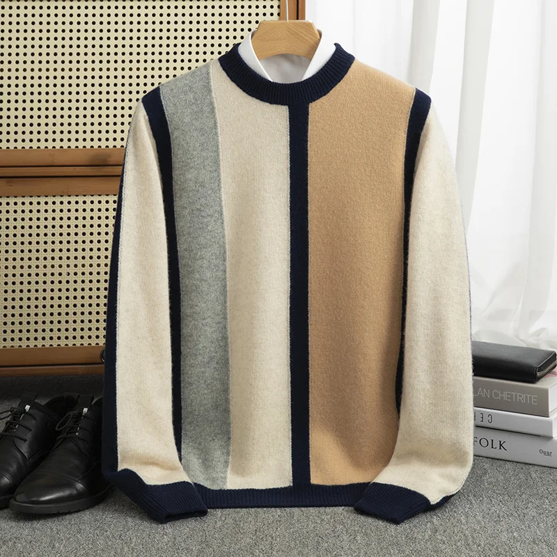 Autumn and winter new 100% pure wool men's round neck thick color matching sweater loose casual cashmere knit bottoming shirt.