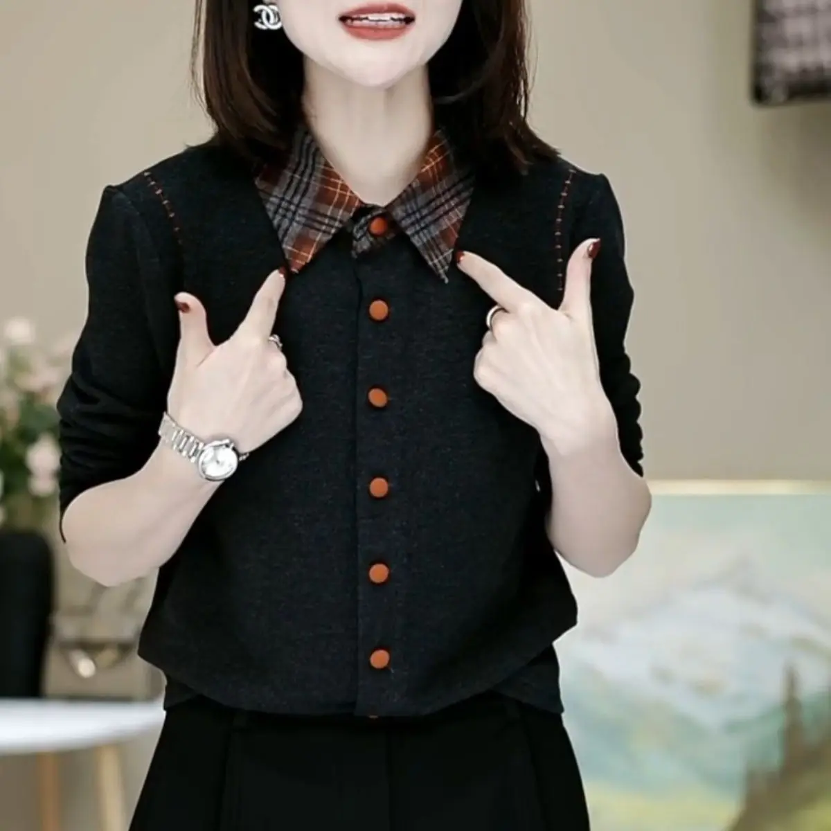 High-end Autumn Winter Add Velvet Splicing Shirt Collar Bottoming Pullover Tops Casual Long-sleeved Casual Warm Versatile Shirts