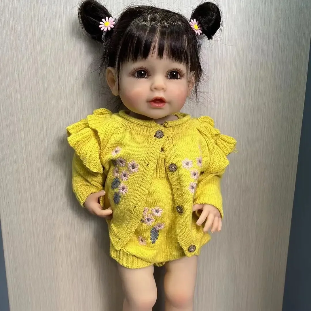 

55CM full body soft silicone vinyl Reborn Toddler Girl Doll Black hair lifelike Really Baby Doll Christmas Gift for Girl