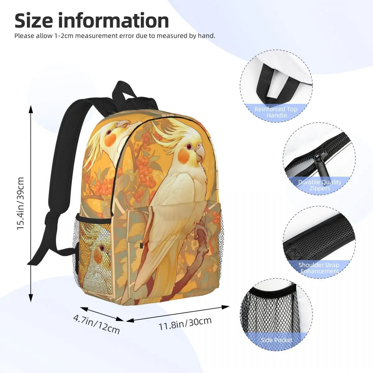 Birds Cockatiel Budgie Parrot Backpack Daypack Large Capacity Boys Girls BookBag Shoulder Bags for Men Women Children School Bag