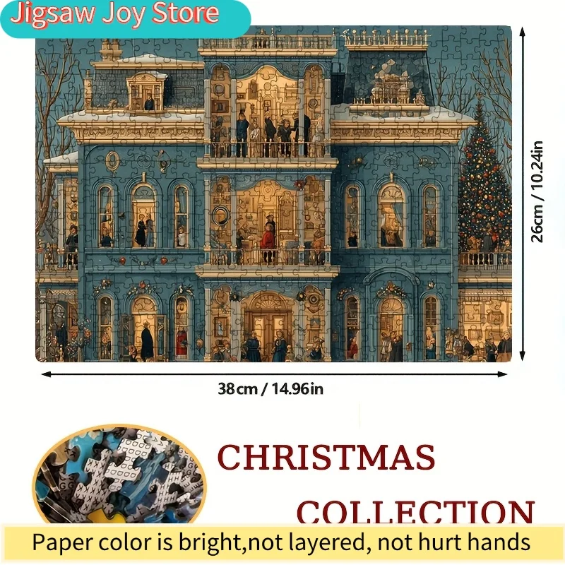 Un puzzle en papier pour adultes intitulé « Maison de Noël de style victorien », adapté aux jeux de société et aux activités en famille.