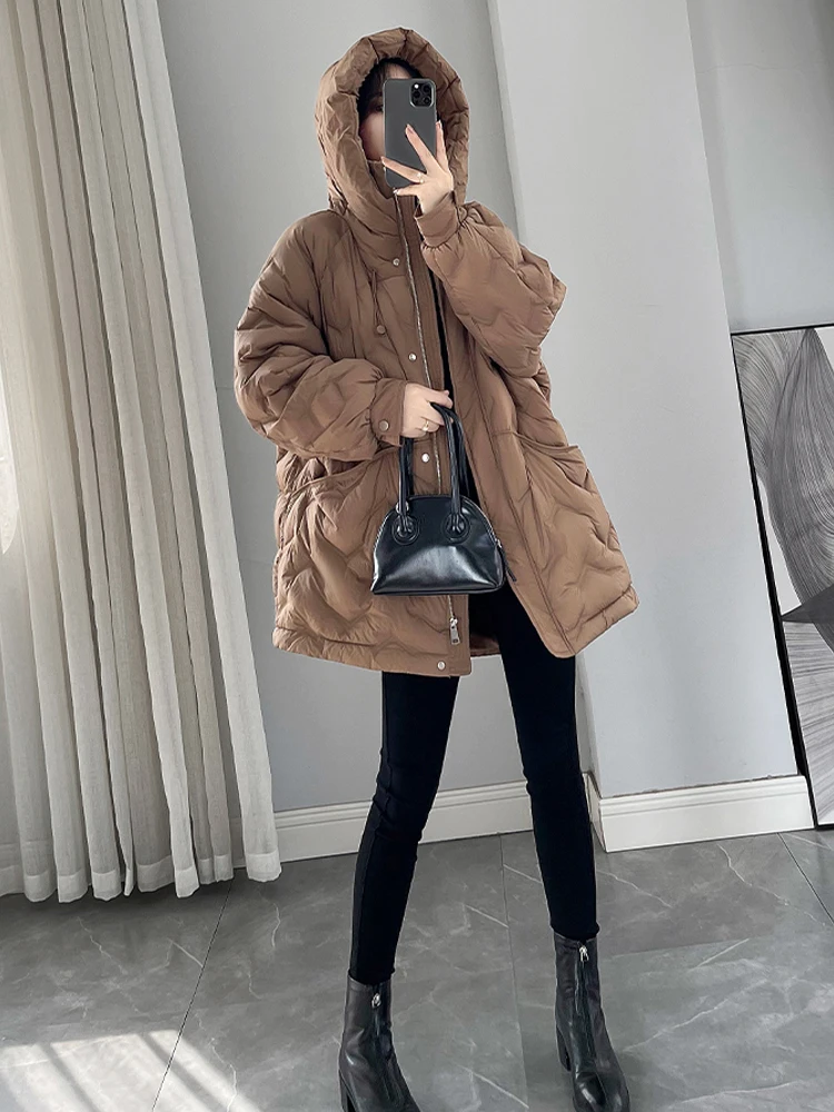 Hooded down jacket Oversized Warm Women 2024 Autumn winter Brown Long sleeve 90% white duck down coat Outwear Female INKEO 3O352