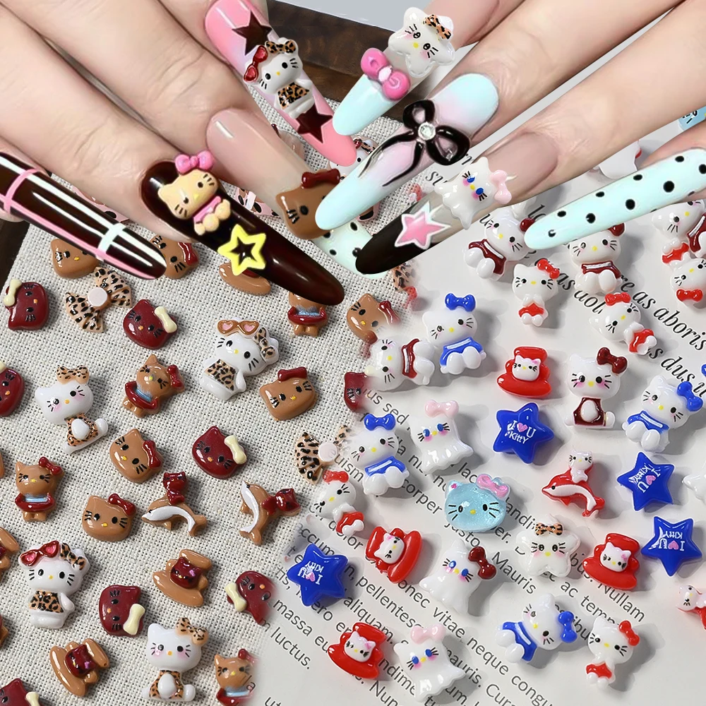 50 Uds. De dijes Kawaii de dibujos animados de gatito y gato para decoración de uñas, resina mixta de verano, lazo de leopardo de Hello Kitty, decoración de uñas, piezas de joyería para manicura