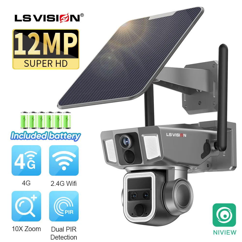 

LS VISION 12MP 4G/WiFi 2 In 1 Dual Screen Solar Secutrity Camera Three Lens 10x Optical Zoom Dual PIR Auto Tracking CCTV Camera