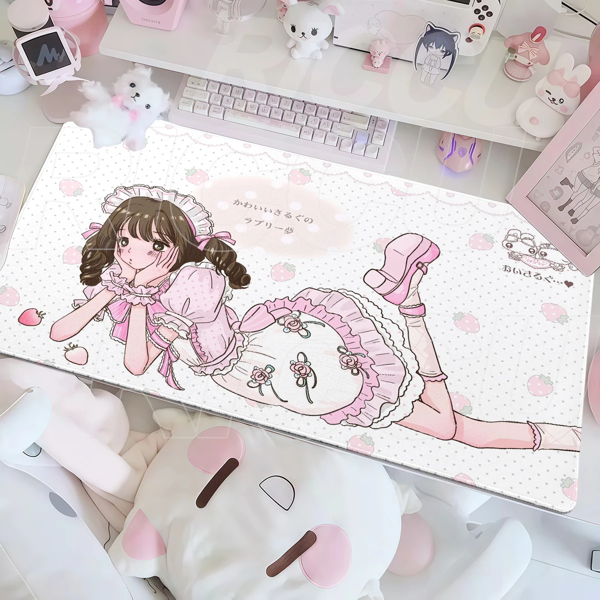 Sweet Anime Girls Aesthetics Mouse Pad Strawberry Polka Dot Large Pink Office Desk Mat Gamer Laptop Keyboard Extended Mousepad