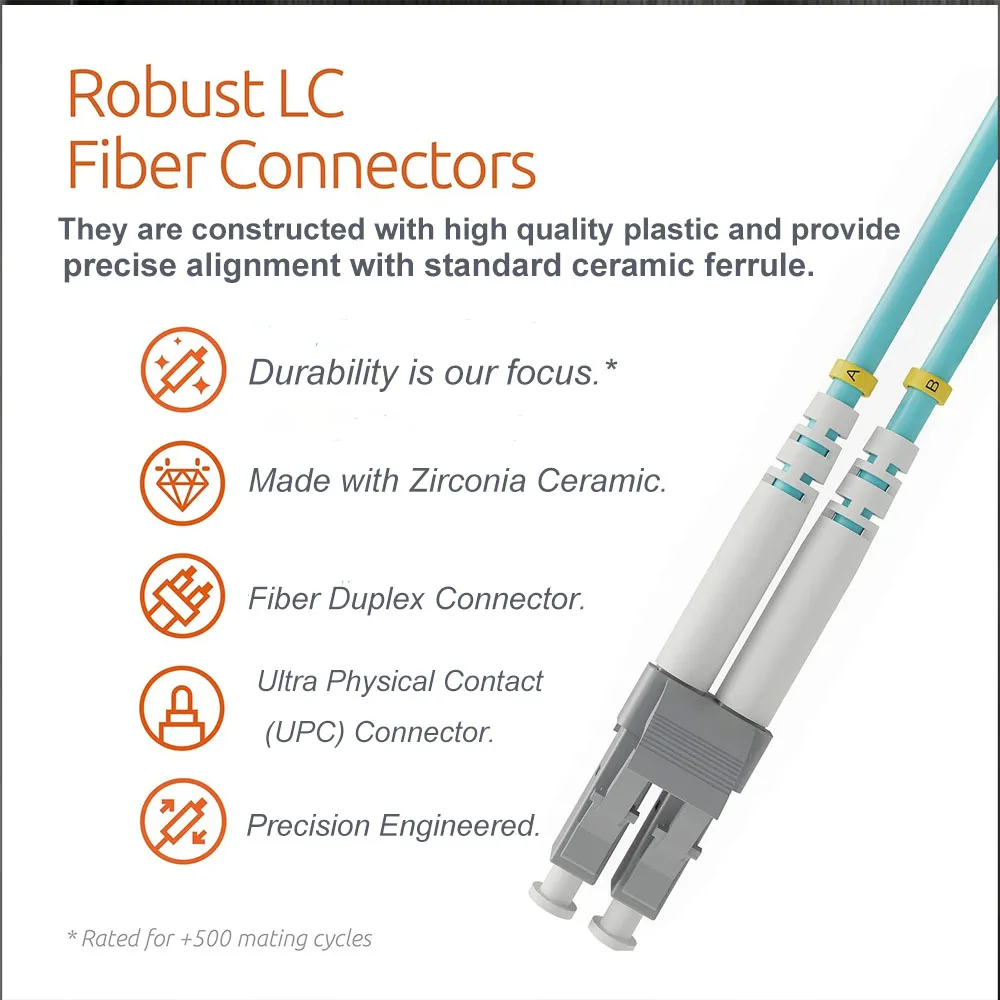 OM3 LC UPC to LC UPC Duplex Fiber Optic Patch Cable 10Gbps 50/125μm Multimode LSZH 3.0mm for SFP+ Transceiver 500+ Mating Cycles