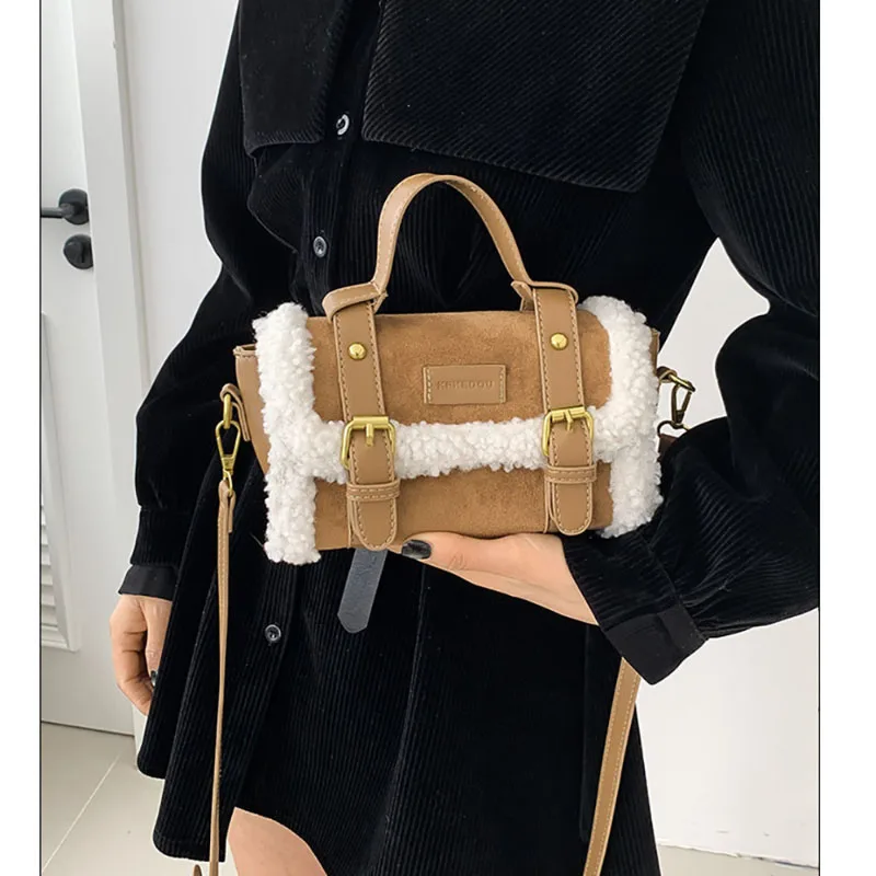 Design Sense Lamb Wool Suede Splice Crossbody Bag Women 2023 New Light Luxury Retro Frosted Shoulder Bag Korean Small Square Bag