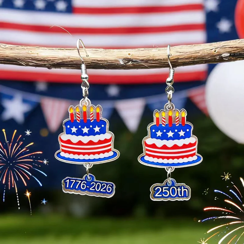 New Independence Day Earrings 1776-2026 Birthday Cake Double sided Acrylic Earrings 250th Anniversary Earrings Party Gift