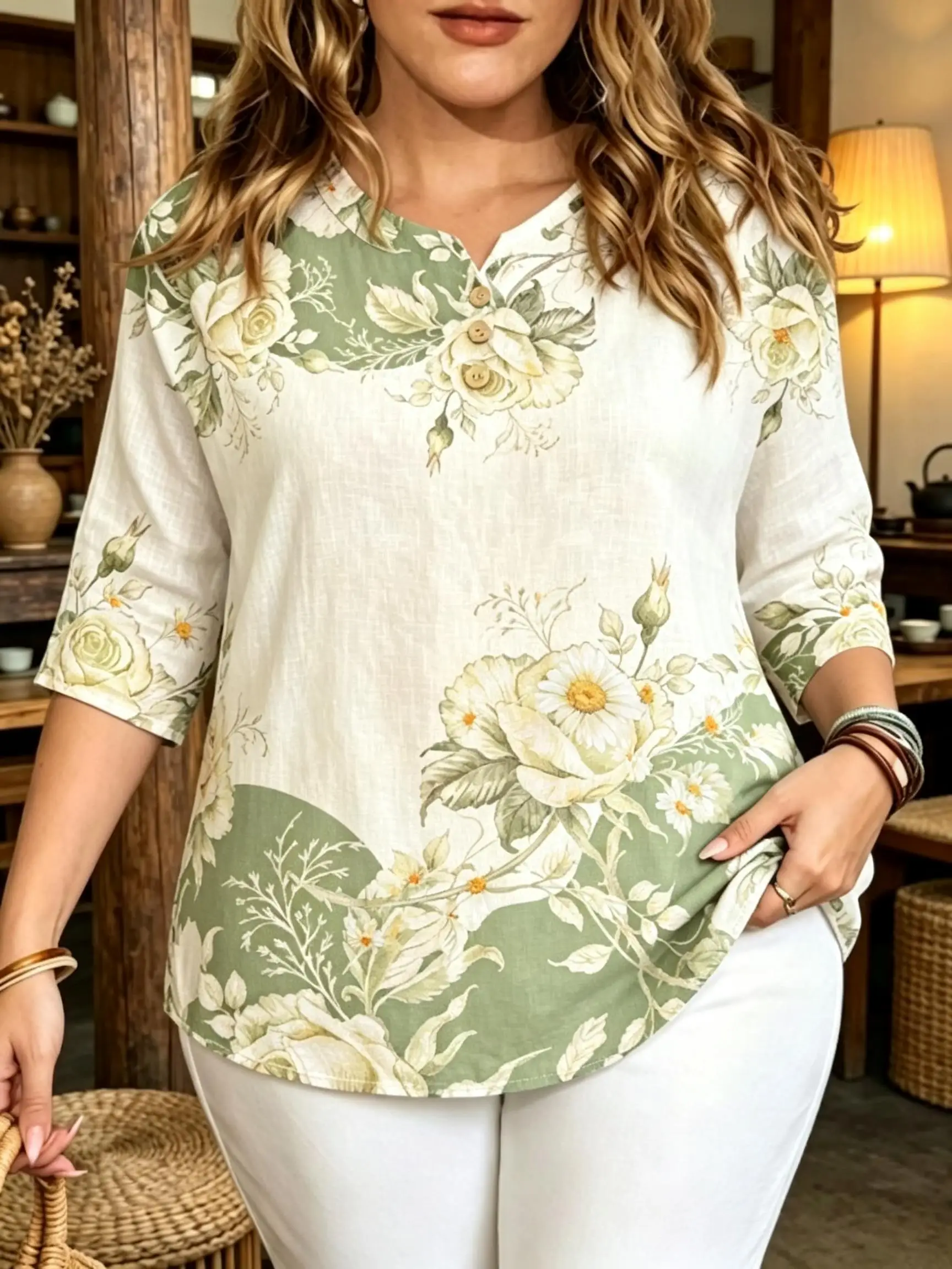 Vintage Watercolor Rose Floral Blouses Notch Split V Neck 3 Wood Buttons 3/4 Sleeve Loose Plus Size Women Daily Casual Tops