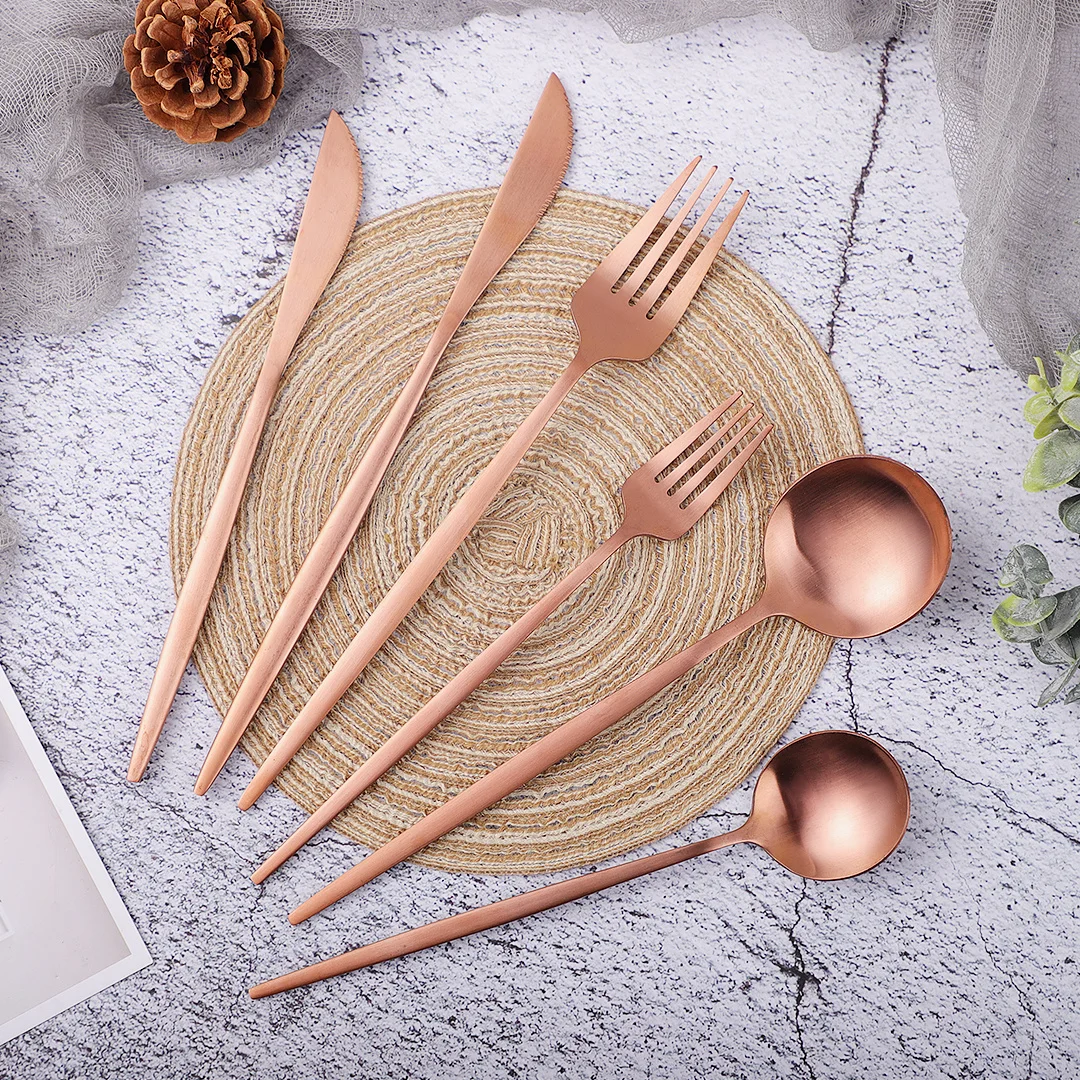 

24Pcs Rose Gold Tableware Set Kitchen Flatware Dessert Knife Fork Spoon Dinnerware Set Upscale Stainless Steel Home Cutlery Set