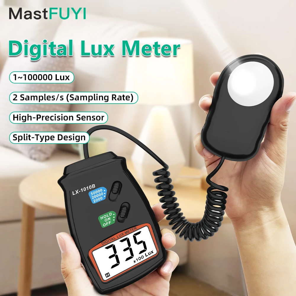 MASTFUYI مقياس الإضاءة الرقمي، تصميم من النوع المنفصل، 0-10,000 مقياس لوكس، قياس سطوع شدة الإضاءة