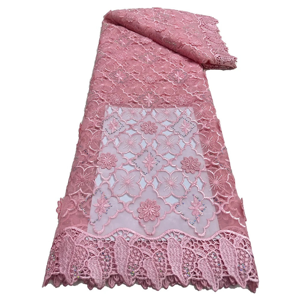 

Solid color soft water-soluble satin. 2025 French floral embroidery lace African chiffon rope net. Suitable for wedding parties