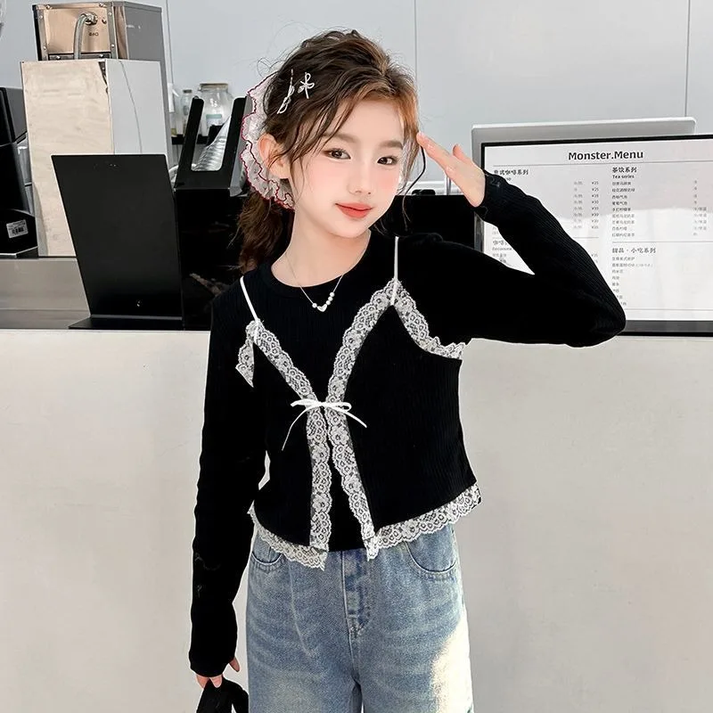 

Майка с кружевной отделкой и деталями в стиле пэчворк, 2025 год, одежда для девочек, футболки для начальной школы для девочек 9, 10 лет, дети 8, корейские 4