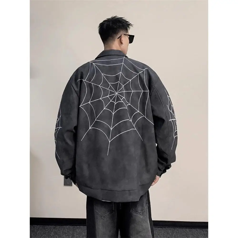 Spider Web Embroidery Leather Jacket Men's Trendy Vibe High-End Feeling Cool American High Street Flip Collar Motorcycle Jacket
