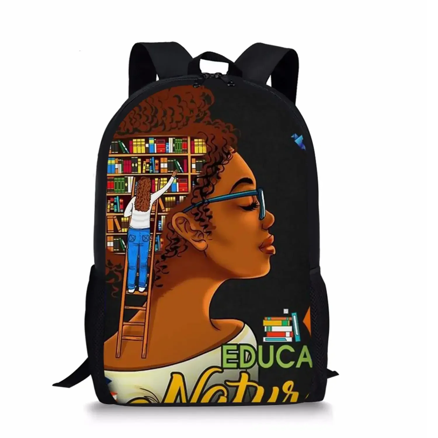 African Black Girl Pattern High Students School Bag for Teenager Backpack Travel Package Bag Shoulder Bag Women 16 Inches