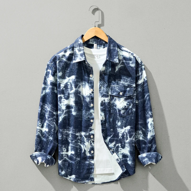 

W803Утолщенная мужская осенняя рубашка из чистого хлопка с длинными рукавами и принтом, красивая модная свободная универсальная повседневная рубашка в японском стиле