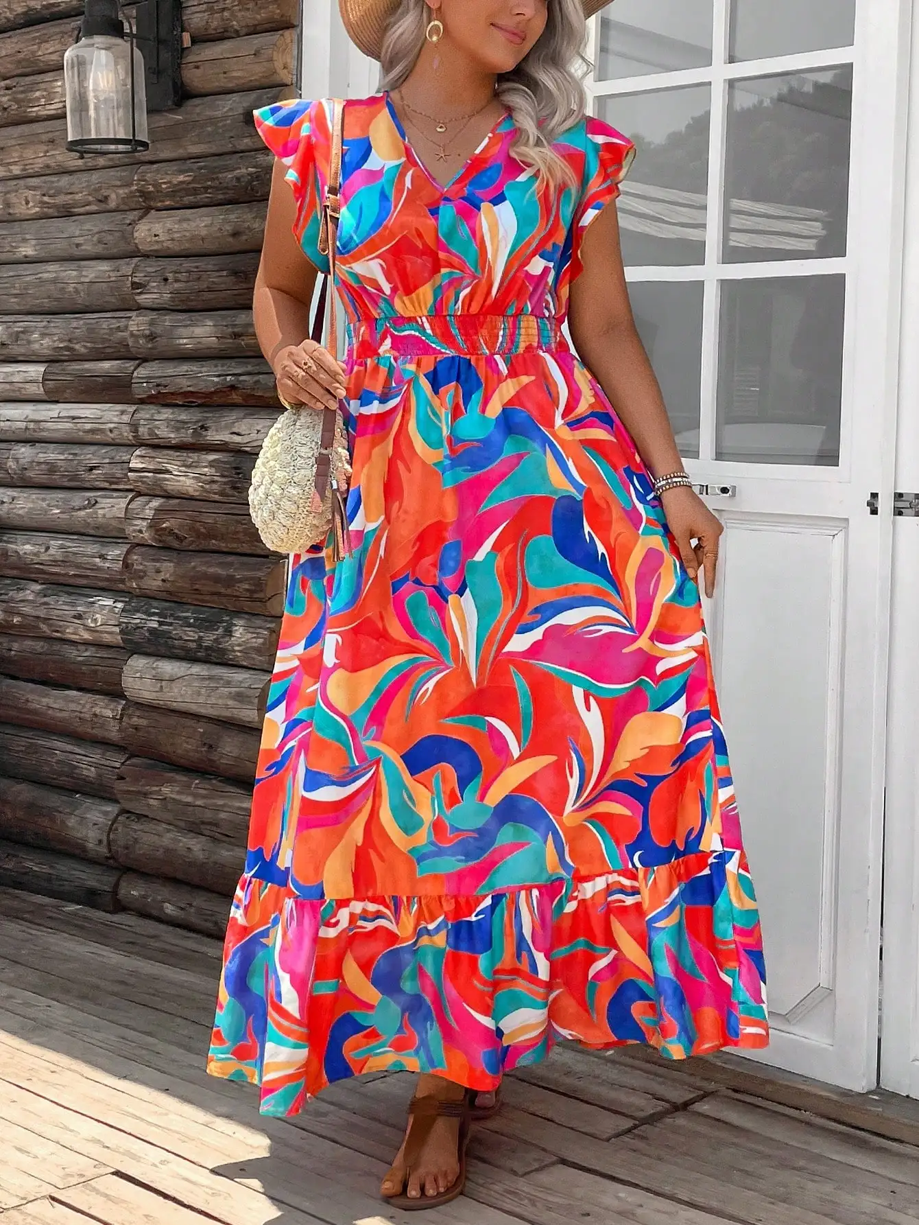 

Bohemian Print Maxi Dress With Ruffle Sleeve Casual Summer Vacation Dress For Women