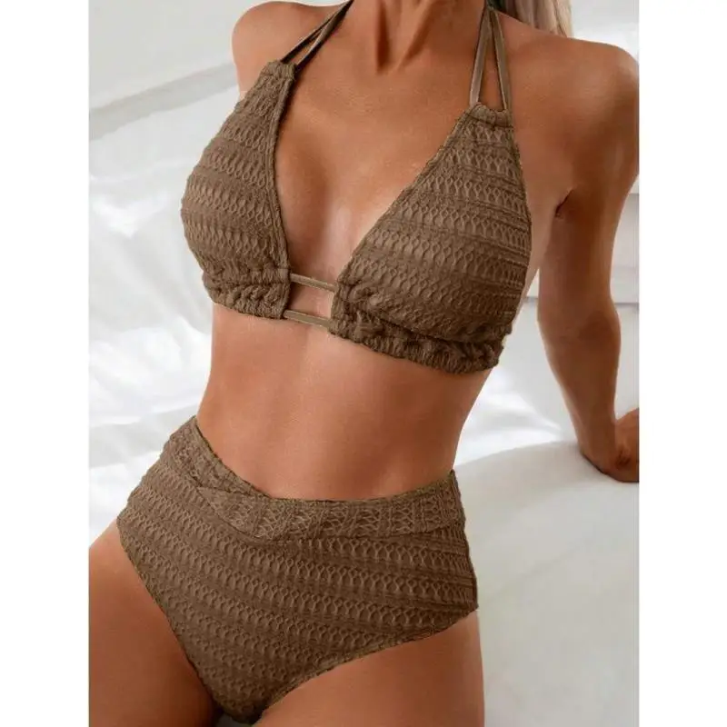

Пляжный комплект с текстурой, однотонное женское бикини, праздничная повседневная спортивная одежда Seven-Quarter Sve, осенний сезон, без бренда