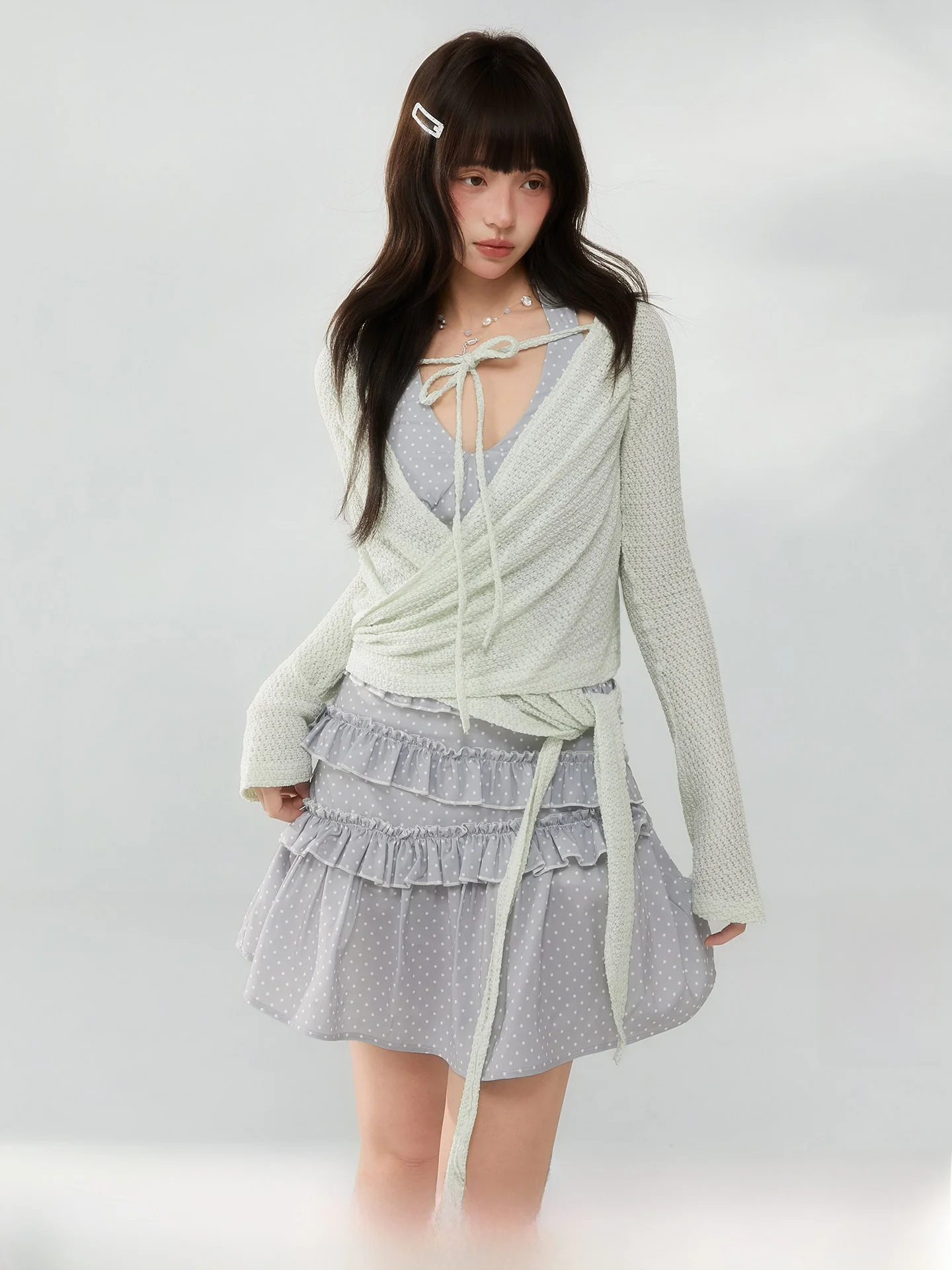 

Echosta Summer Grape Polka Dot Knitted Dress Crossed Strap Hollow out Set Long Sleeve Ballet Style Two-Piece Women's Fashion