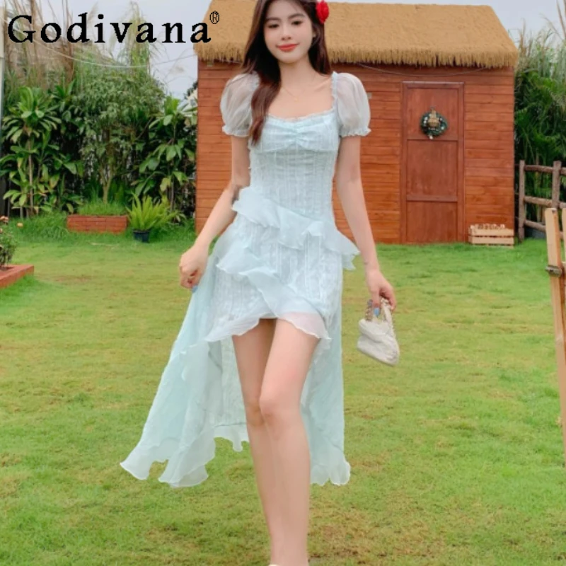 

Women Summer Plus Size Temperament Square Neck Puff Sleeve Irregular Dress Fashion High Waist A-line Age Reduction Beach Dresses