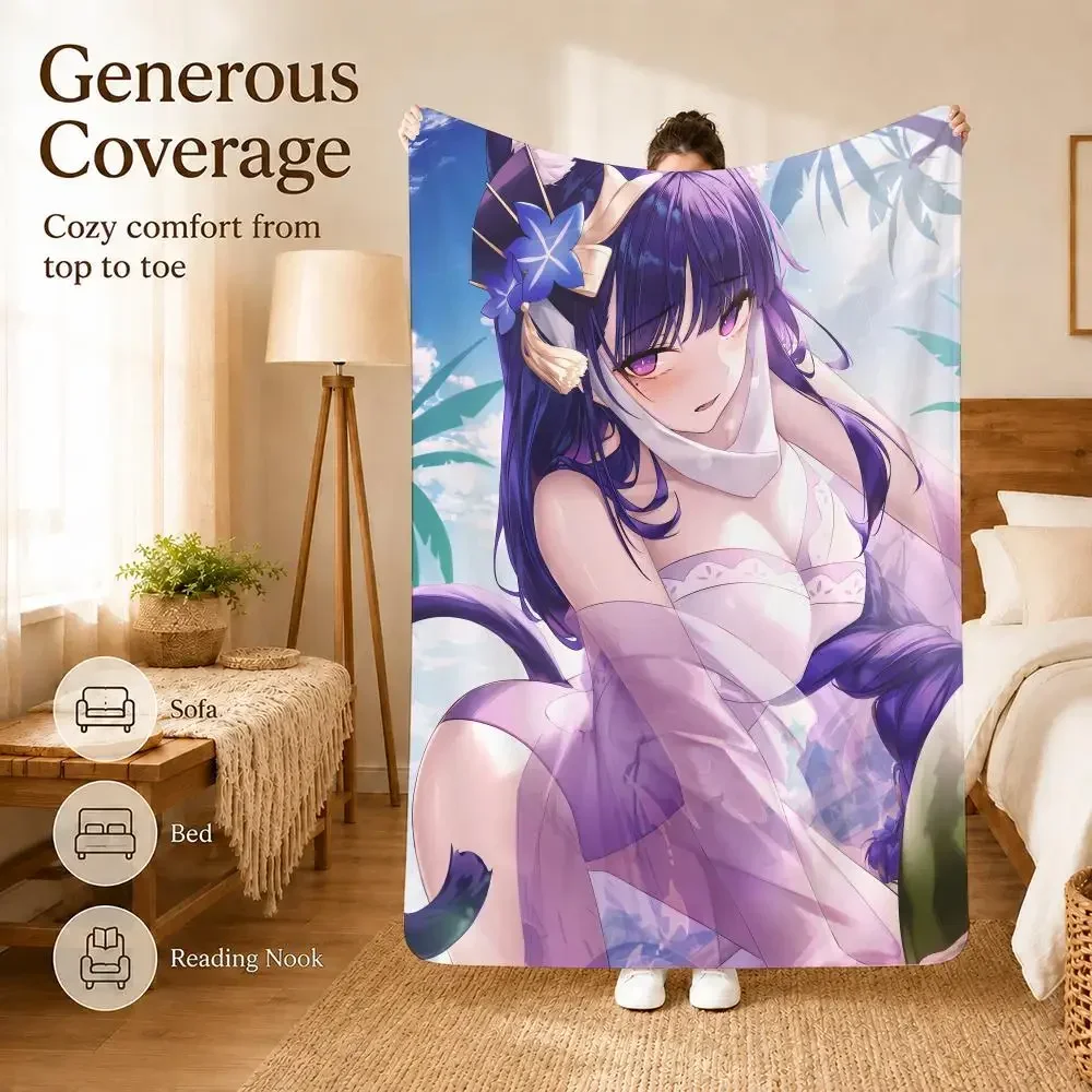 Iconic Genshin Impact Raiden Shogun Throw Soft Lightweight Flannel Blanket for Sofa Couch Bedroom Living Room Home Decor