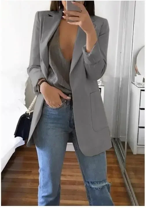 Blazer Women 2024 Autumn Coat Temperament Office Lady Tops Solid Color Full Sleeve Pockets Turn Down Collar Jacket Female