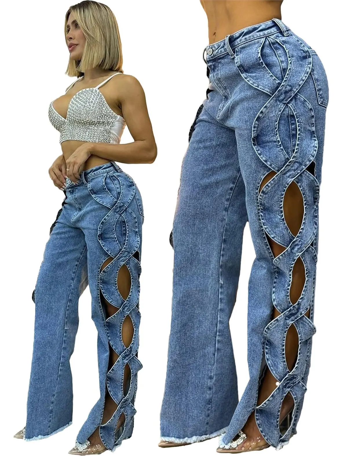 Calças Jeans Fenas Slim Fit com Recortes em Denim, Calças Longas com Recortes e Costura, Perna Reta, Micro Stretch, Moda ...