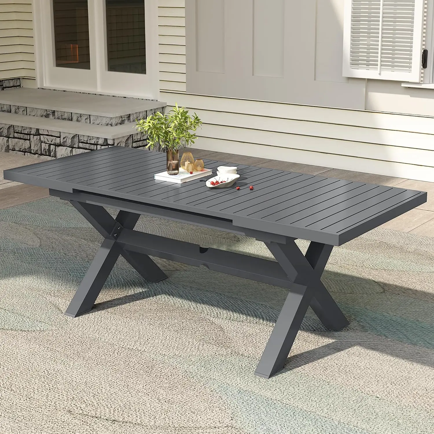 Expandable Outdoor Dining Table 6-10 Person Aluminum Rectangular Patio Table Umbrella Hole Backyard Garden Easy, Customized