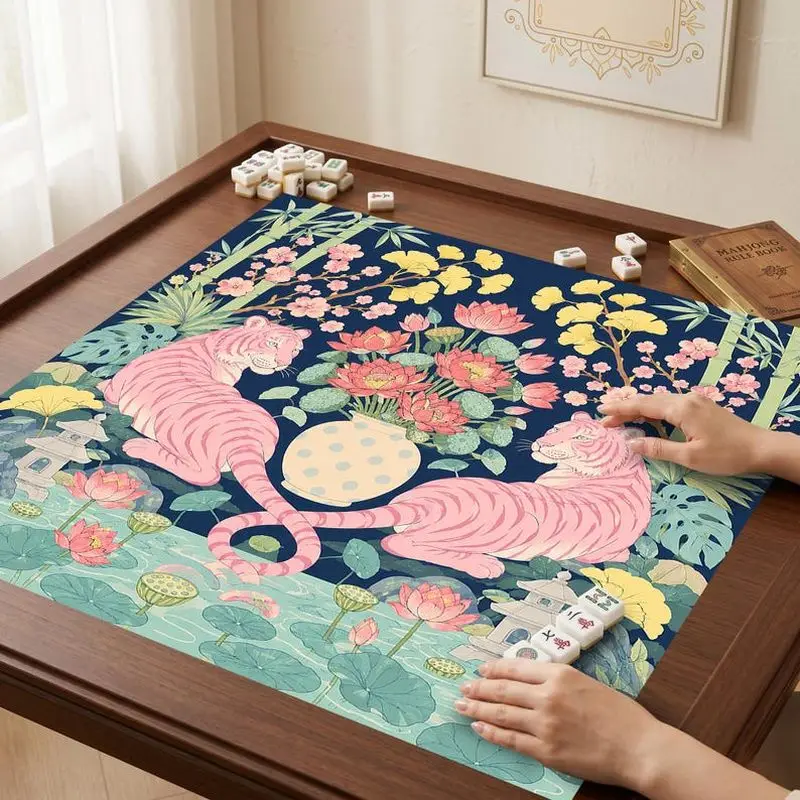 VIKAMA Chinese Pink Tiger Lotus Mahjong Mat Thick Soundproof Dual Use Mahjong Poker Desktop Game Pad